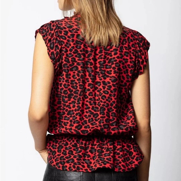 Zadig & Voltaire Tibo Print Leopard Ruffle Red Black Sleeveless Tassel Size S - Picture 2 of 12